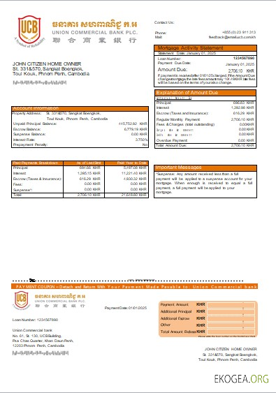 Cambodge Union Commercial bank relevé hypothécaire scr